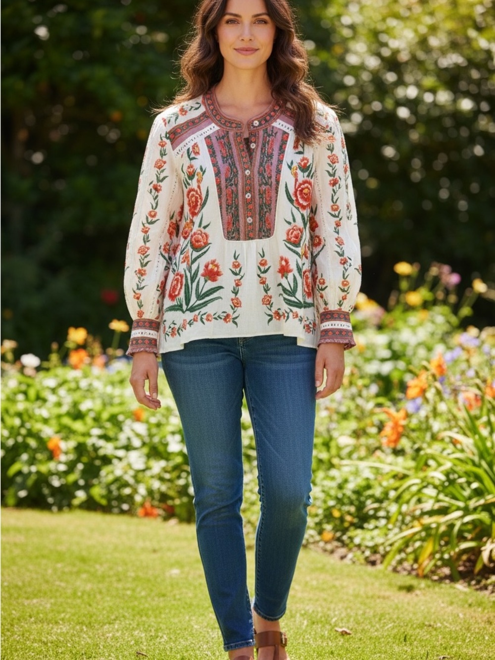 FARM Rio Cream Tunic with Coral and Green Floral Embroidery
